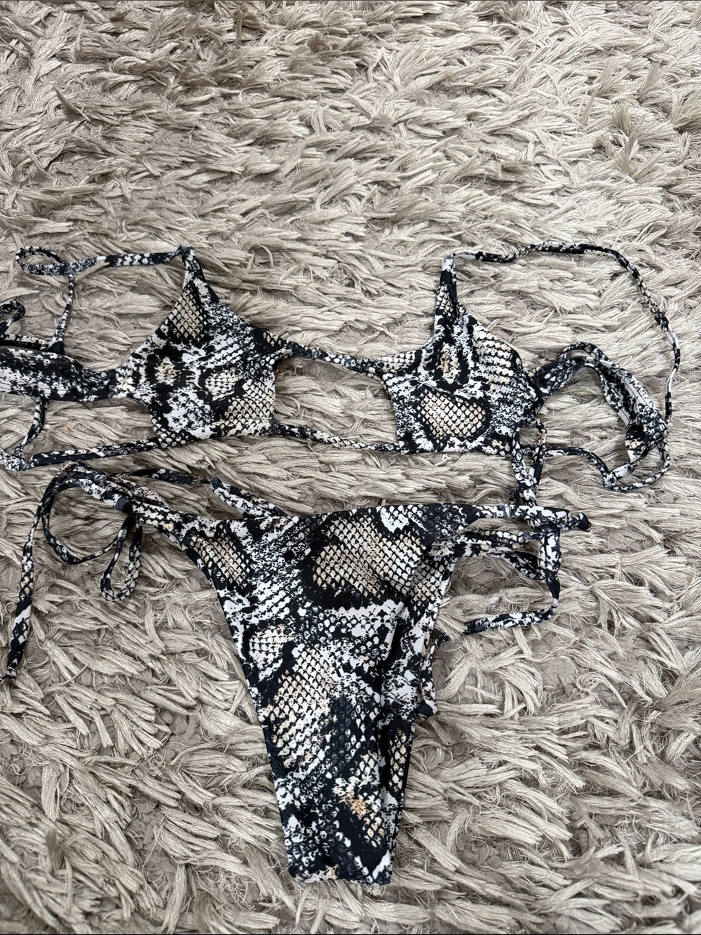 Snake Print Tie-Side Bikini Set - Black & Cream